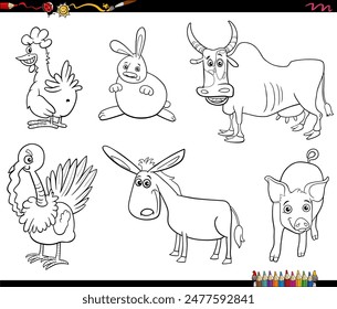 Black and white cartoon illustration of farm animal characters set coloring page