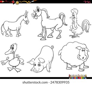 Black and white cartoon illustration of farm animal characters set coloring page