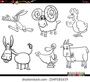 Black and white cartoon illustration of farm animal characters set coloring page