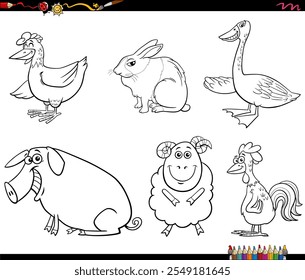 Black and white cartoon illustration of farm animal characters set coloring page