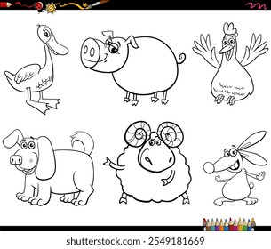 Ilustración de dibujos animados en blanco y negro de personajes de animales de granja para colorear