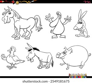 Black and white cartoon illustration of farm animal characters set coloring page