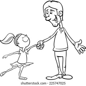 Black and White Cartoon Illustration of Father and Little Daughter Dancing Ballet for Coloring Book