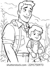 Black and White Cartoon Illustration of Father and Son Hiking in Nature. Hand drawn vector coloring page of father and son, Coloring page for kids and adults.