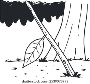 Black and white cartoon illustration featuring a stick supporting a leaf near a tree, set against a minimalist forest background. Simple and artistic drawing with whimsical elements.