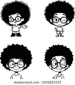 A black and white cartoon illustration featuring four chibi-style characters with big afro hairstyles, oversized round glasses, and expressive poses, drawn in a retro hand-drawn vector style.