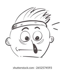 Ilustração de desenhos animados em preto e branco com um rosto surpreso com características exageradas, chamando a atenção para expressões bem-humoradas e detalhes peculiares, transmitindo emoção e criatividade extravagantes.