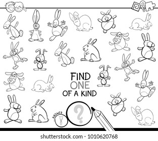Black and White Cartoon Illustration of Find One of a Kind Picture Educational Activity Game for Children with Rabbits Animal Characters Coloring Book