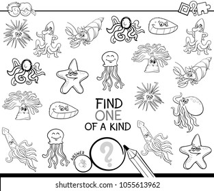 Black and White Cartoon Illustration of Find One of a Kind Picture Educational Activity Game for Kids with Sea Life Animal Characters Coloring Book