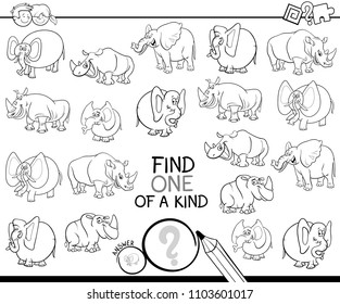 Black and White Cartoon Illustration of Find One of a Kind Picture Educational Activity Game for Children with Elephant and Rhino Characters Coloring Book