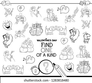 Black and White Cartoon Illustration of Find One of a Kind Picture Educational Game for Children with Valentines Day Characters Coloring Book