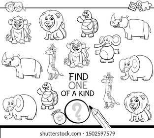 Black and White Cartoon Illustration of Find One of a Kind Picture Educational Activity Game with Wild Animal Characters Coloring Book