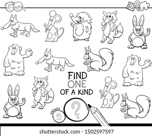 Black and White Cartoon Illustration of Find One of a Kind Picture Educational Activity Game for Children with Animal Characters Coloring Book