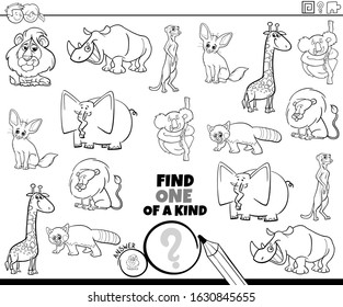 Black and White Cartoon Illustration of Find One of a Kind Picture Educational Game with Comic Animal Characters Coloring Book Page