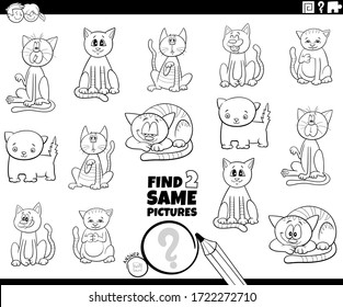 Black and White Cartoon Illustration of Find Two Same Pictures Educational Task for Children with Cats and Kittens Animal Characters Coloring Book Page