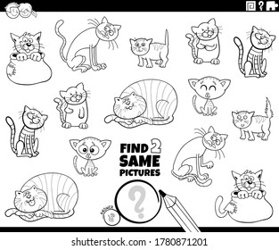 Black and White Cartoon Illustration of Find Two Same Pictures Educational Task for Children with Funny Cats and Kittens Animal Characters Coloring Book Page