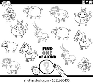 Black and White Cartoon Illustration of Find One of a Kind Picture Educational Game with Comic Farm Animal Characters Coloring Book Page