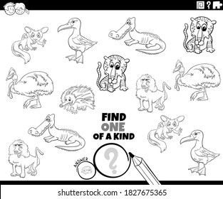 Black and White Cartoon Illustration of Find One of a Kind Picture Educational Game with Comic Wild Animal Characters Coloring Book Page