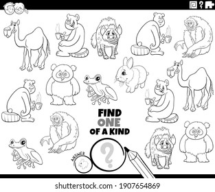 Black and white cartoon illustration of find one of a kind picture educational game with cute animal characters coloring book page