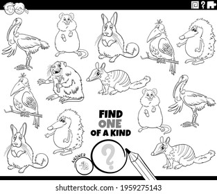 Black and white cartoon illustration of find one of a kind picture educational game with funny animal characters coloring book page