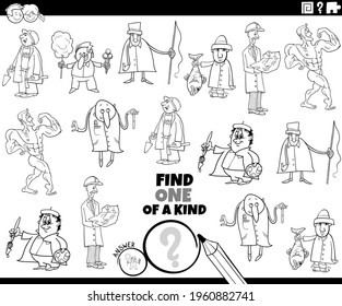 Black and white cartoon illustration of find one of a kind picture educational task for children with comic people characters coloring book page