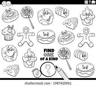 Black and white cartoon illustration of find one of a kind picture educational game for children with comic sweet food characters coloring book page