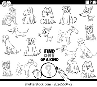 Black and white cartoon illustration of find one of a kind picture educational task with funny purebred dogs animal characters coloring book page