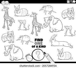 Black and white cartoon illustration of find one of a kind picture educational task with comic animal characters coloring book page