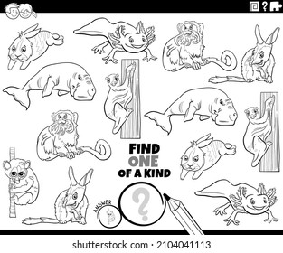 Black and white cartoon illustration of find one of a kind picture educational game with comic animal characters coloring book page
