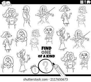 Black and white cartoon illustration of find one of a kind picture educational task with comic girls and women characters coloring book page