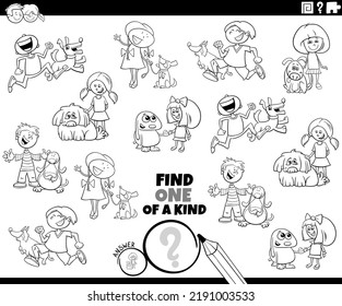 Black and white cartoon illustration of find one of a kind picture educational game with children and their dogs coloring page
