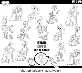 Black and white cartoon illustration of find one of a kind picture educational game with children and their dogs coloring page