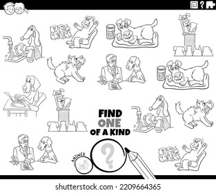 Black and white cartoon illustration of find one of a kind picture educational task with comic dogs animal characters coloring page