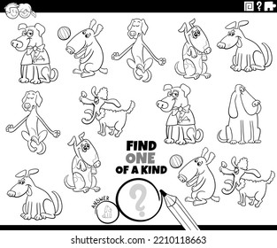 Black and white cartoon illustration of find one of a kind picture educational task with comic dogs animal characters coloring page