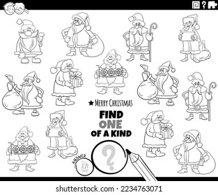 Black and white cartoon illustration of find one of a kind picture educational game with Santa Clauses Christmas characters coloring page