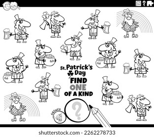 Black and white cartoon illustration of find one of a kind picture educational game with Leprechaun characters on Saint Patrick Day coloring page