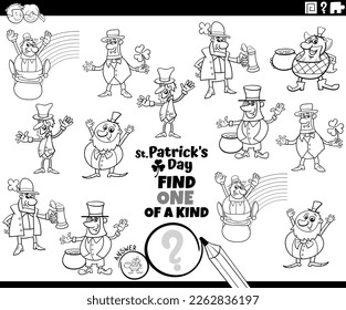 Black and white cartoon illustration of find one of a kind picture educational task with Leprechaun characters on Saint Patrick Day coloring page