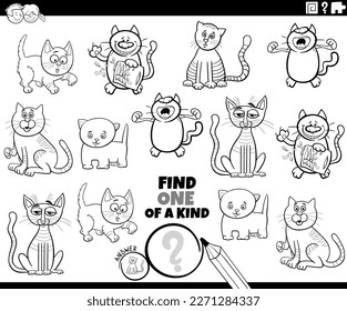 Black and white cartoon illustration of find one of a kind picture educational game with comic cats animal characters coloring page