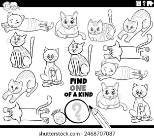 Black and white cartoon illustration of find one of a kind picture educational activity with cats animal characters coloring page