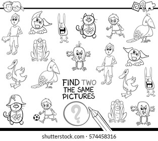 Black and White Cartoon Illustration of Find Two Identical Pictures Educational Activity for Children Coloring Page