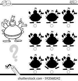 Black and White Cartoon Illustration of Find the Shadow without Differences Educational Activity for Children with Alien Fantasy Character Coloring Page