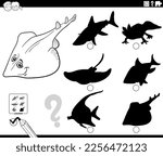 Black and white cartoon illustration of finding the right picture to the shadow educational game for children with xyster fish or guitarfish animal character coloring page