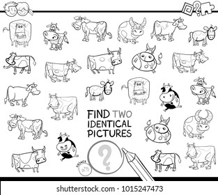 Black and White Cartoon Illustration of Finding Two Identical Pictures Educational Activity Game for Children with Cows Farm Animal Characters Coloring Book