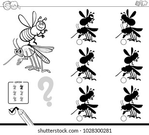 Black and White Cartoon Illustration of Finding the Shadow without Differences Educational Activity for Children with Insect Characters Coloring Book