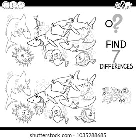 Black and White Cartoon Illustration of Finding Seven Differences Between Pictures Educational Activity Game for Kids with Fish Marine Animal Characters Group Coloring Book