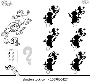 Black and White Cartoon Illustration of Finding the Shadow without Differences Educational Activity for Children with Monkeys Animal Characters Coloring Book