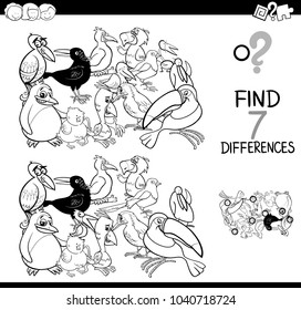 Black and White Cartoon Illustration of Finding Seven Differences Between Pictures Educational Activity Game for Kids with Birds Animal Characters Group Coloring Book