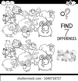 Black and White Cartoon Illustration of Finding Seven Differences Between Pictures Educational Activity Game for Kids with Sheeps Farm Animal Characters Group Coloring Book