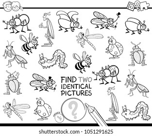 Black and White Cartoon Illustration of Finding Two Identical Pictures Educational Game for Children with Insects Animal Characters Coloring Book