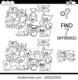 Black and White Cartoon Illustration of Finding Seven Differences Between Pictures Educational Activity Game for Children with Funny Cats Animal Characters Group Coloring Book